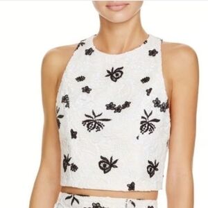 Alice + Olivia Black Floral on White Crop Top